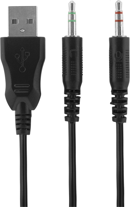 Cavo USB nero con due jack audio: verde per cuffie, rosso per microfono.