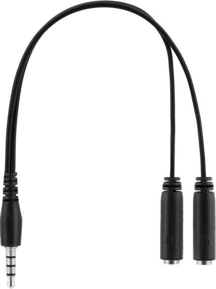 Cavo splitter audio nero. Una spina da 3,5 mm si divide in due jack da 3,5 mm.