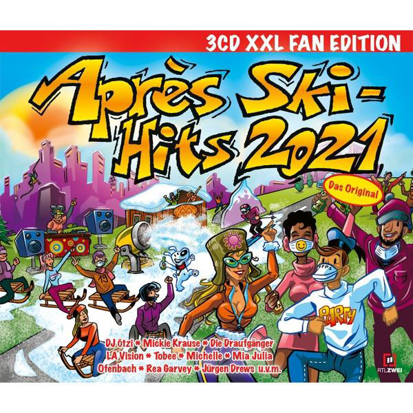 Albumcover mit Cartoon-Leuten in einer Winterszene, Titel 'Après Ski Hits'.