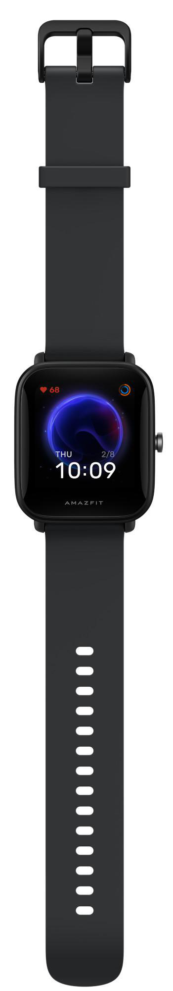 Schwarze Amazfit Smartwatch mit quadratischem Display, das Zeit und Herzfrequenz anzeigt, auf schwarzem Armband.