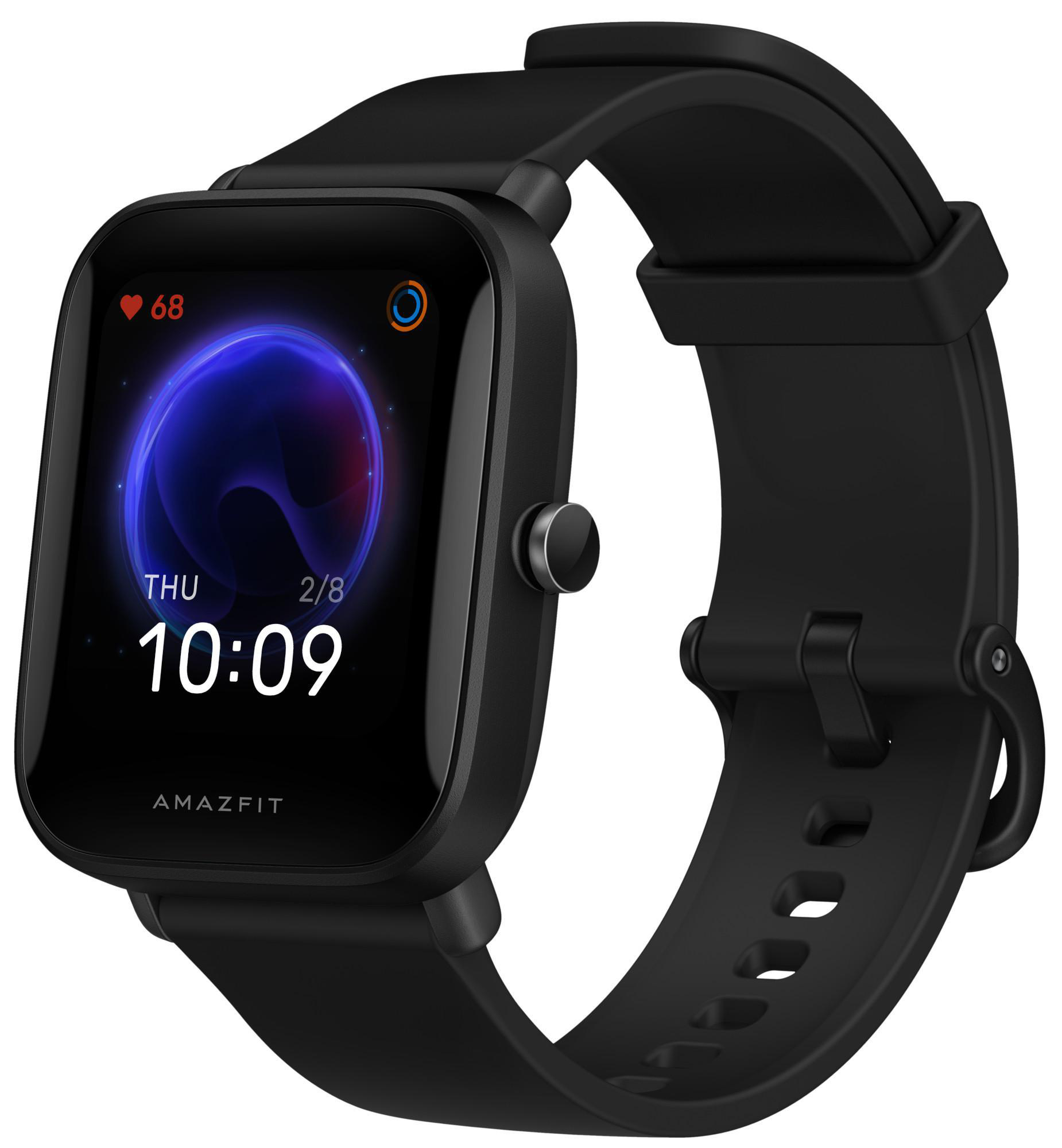 Schwarze Amazfit Smartwatch mit Herzfrequenz und Uhrzeit auf dem Bildschirm.