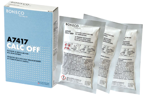 Box mit Calc-Off für Luftbefeuchter. Drei kleine Päckchen Entkalker für Luftbefeuchter sind sichtbar.