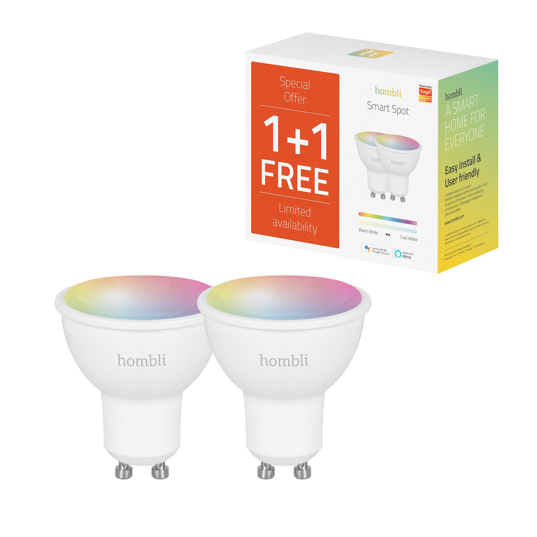 Zwei weiße Smart-Spot-Glühbirnen vor einer Box mit Text: 1+1 GRATIS. Marke Homli.