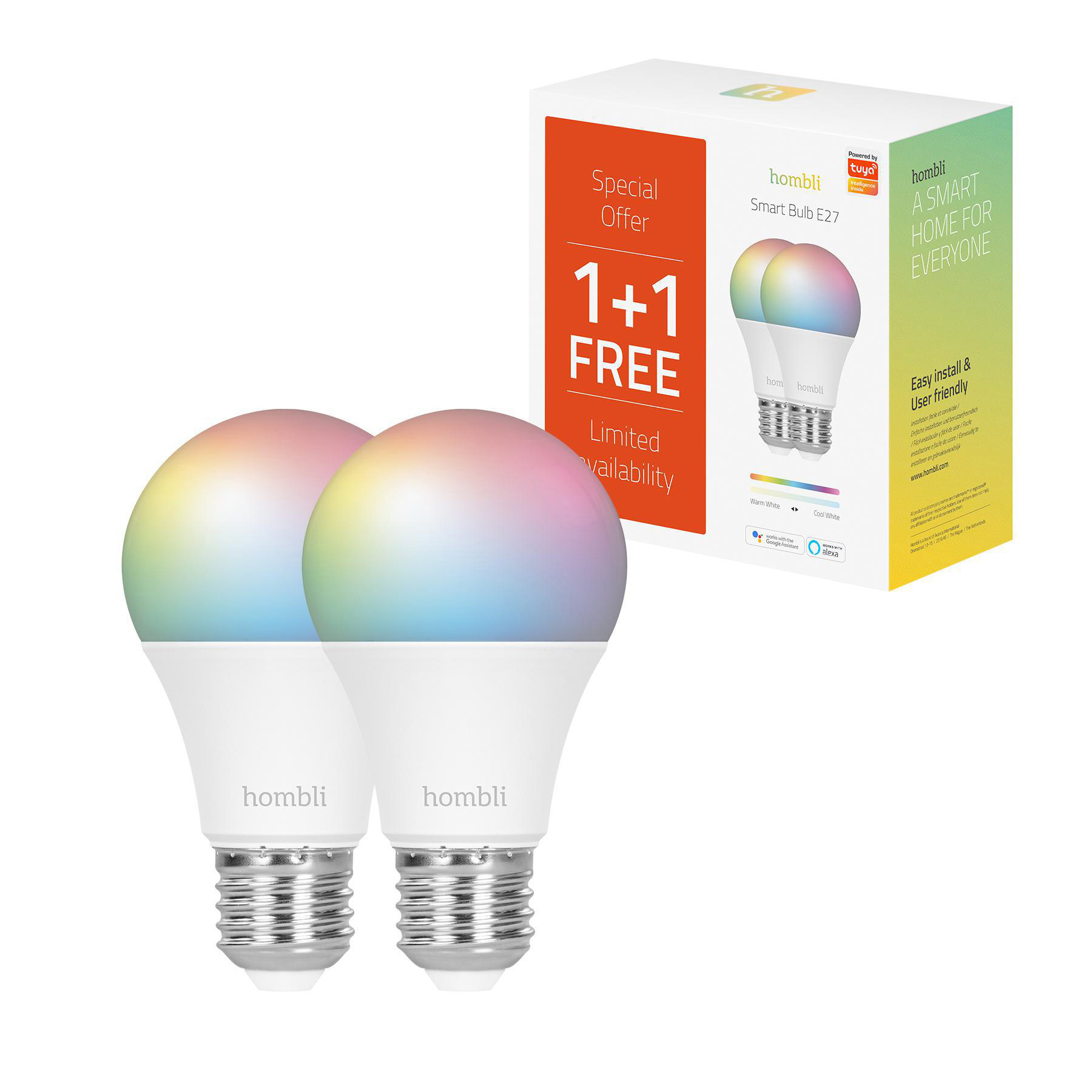 Zwei weiße Smart-Glühbirnen mit Regenbogenlicht, vor einer Box. Die Box sagt '1+1 GRATIS' und zeigt eine Glühbirne.