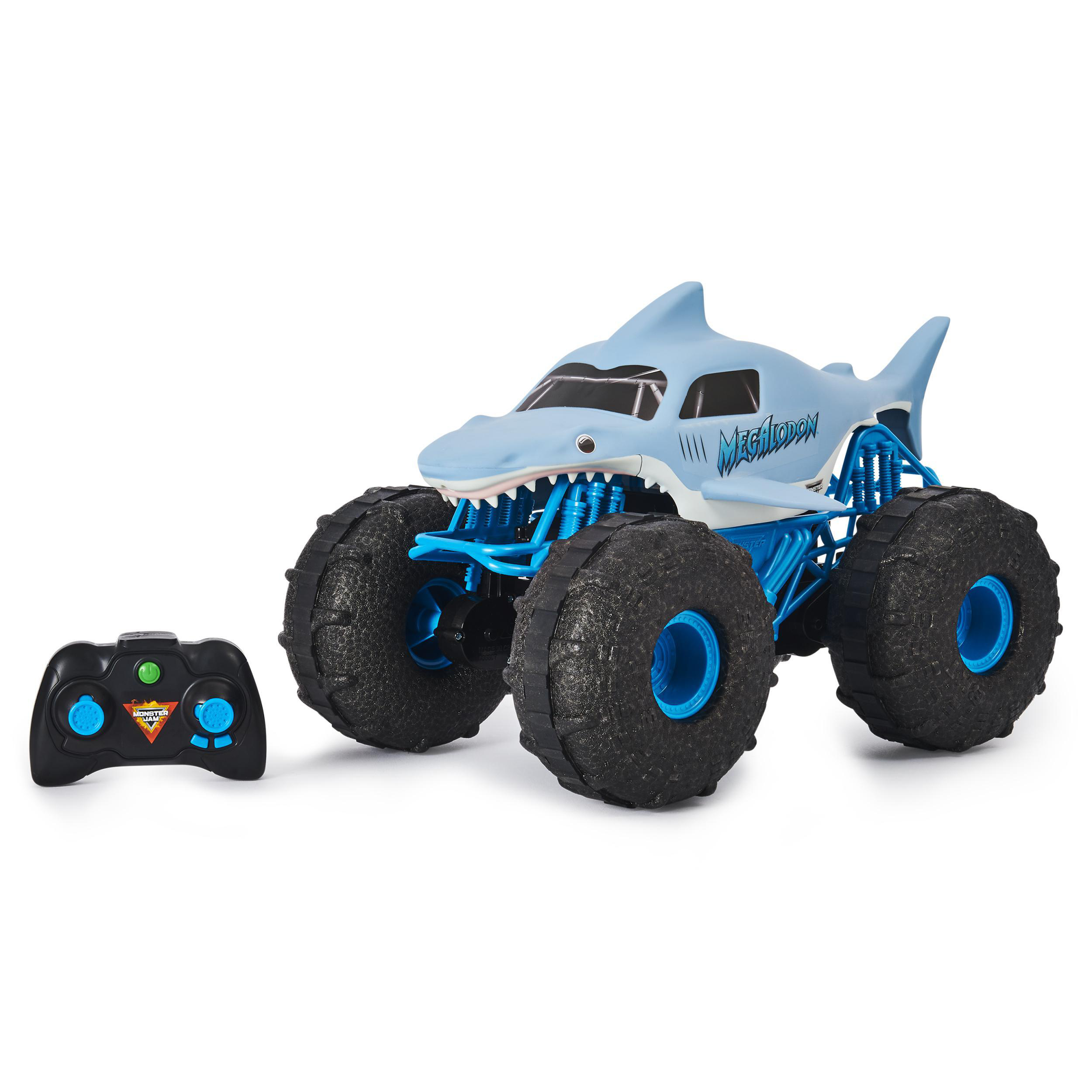 Blaues Monster-Truck-Spielzeug mit Hai-Design. Enthält eine Fernbedienung auf der linken Seite.