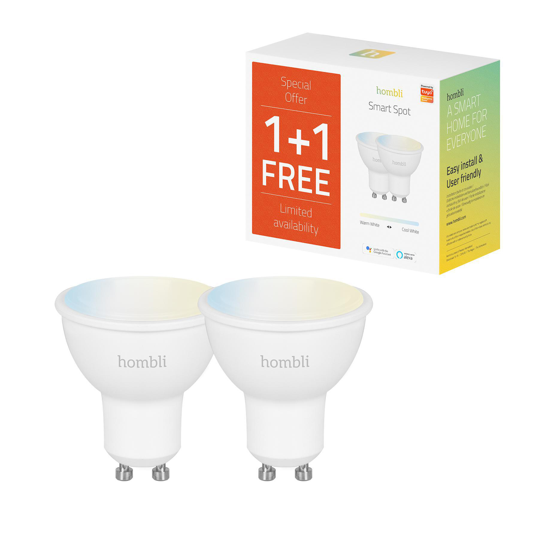 Zwei weiße Hombli Smart Spot Glühbirnen mit einer weißen und orangefarbenen Box im Hintergrund.