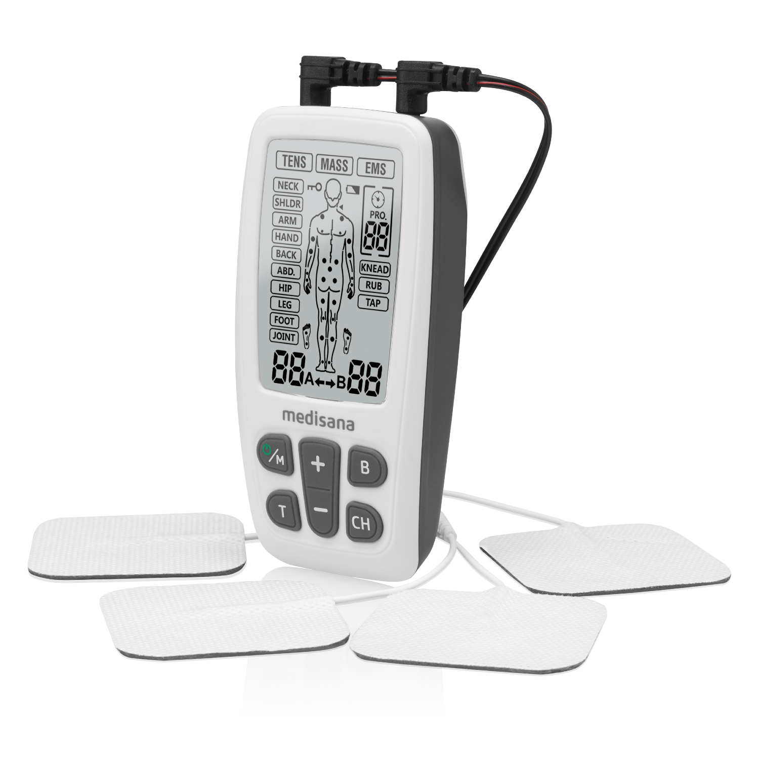 Ein weißes und graues TENS/EMS-Gerät mit vier Elektrodenpads und digitaler Anzeige.