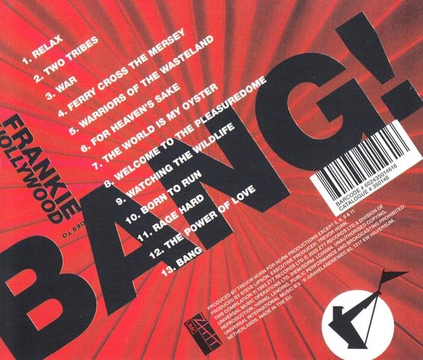 CD-Cover mit dem Wort BANG! und einer Titelliste. Roter Hintergrund mit weißem und schwarzem Text.