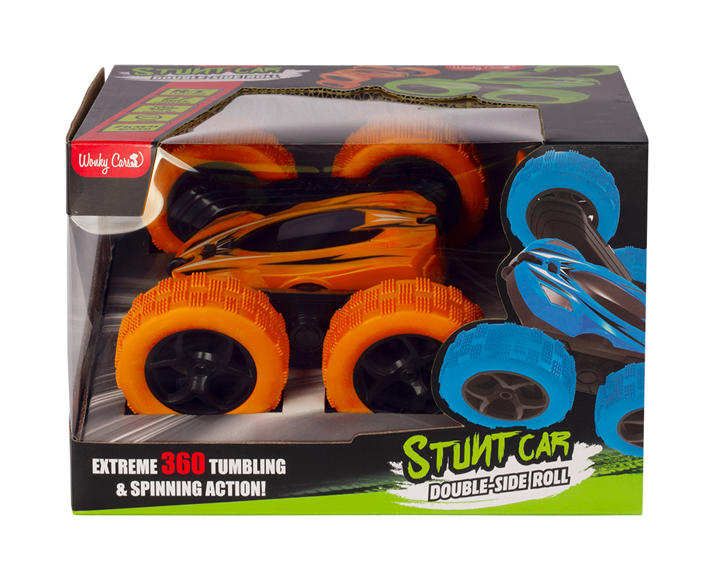 Orange and blue stunt car in a box. Black box with text.
