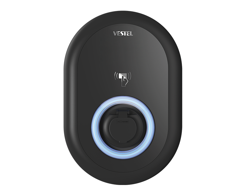 Schwarzes Vestel EV-Ladegerät mit blau leuchtendem Ring und Handsymbol. Der Ladeanschluss ist sichtbar.