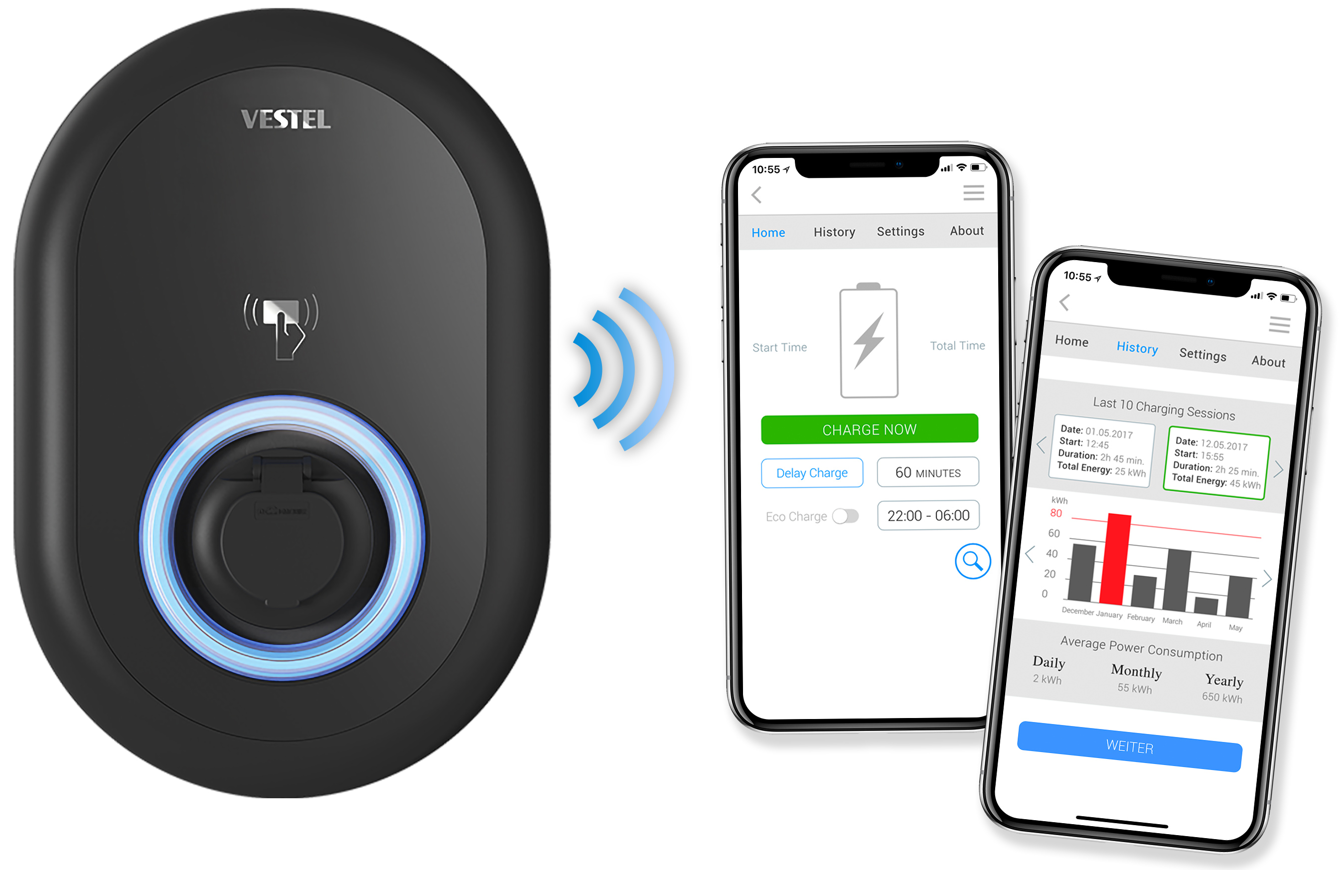 Schwarzes Vestel EV-Ladegerät, zwei Telefone zeigen Ladedaten und Einstellungen. Blaue Funksignale.