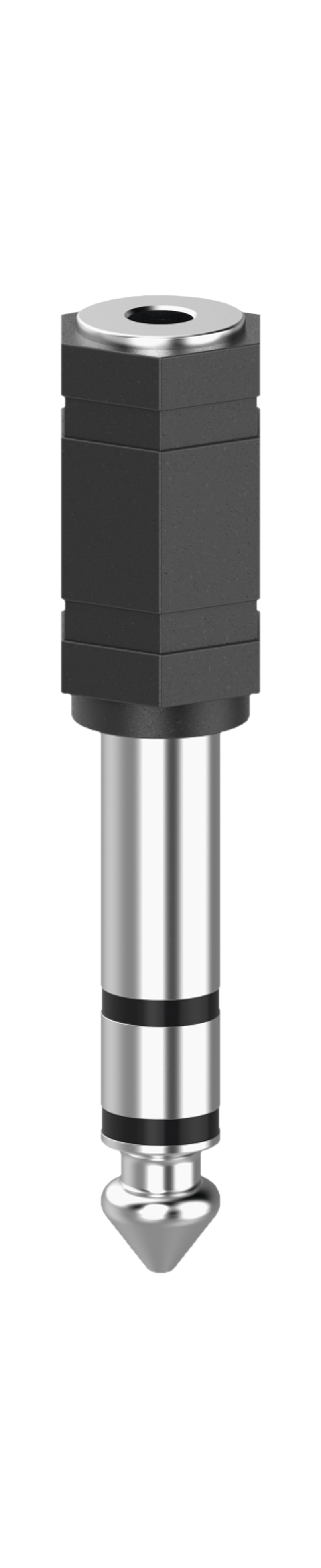 Ein schwarzer und silberner Audioadapter. Er hat ein 6,35 mm auf 3,5 mm Design, zum Anschließen von Audiogeräten.