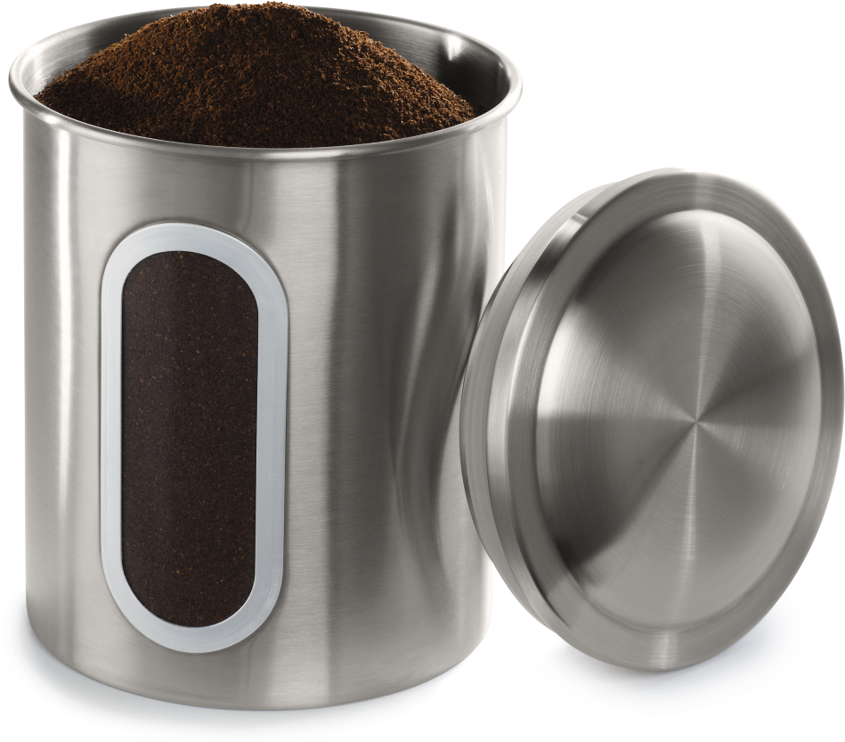 Roestvrijstalen koffiecontainer, deksel ernaast. Koffiedik binnenin.
