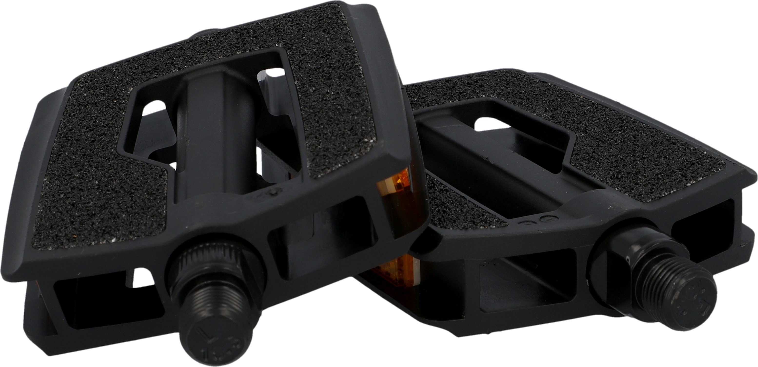 Zwei schwarze Fahrradpedale mit strukturierter Oberfläche für Grip.