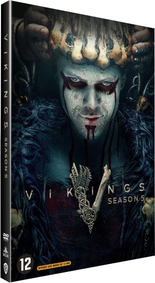 Boîtier DVD pour Vikings Saison 5. Un homme avec du sang sur le visage est sur la couverture.