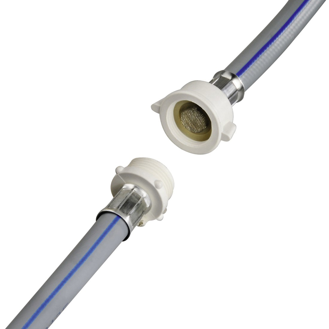 Gray hose with white connectors, one detached. Blue stripe runs along the hose.