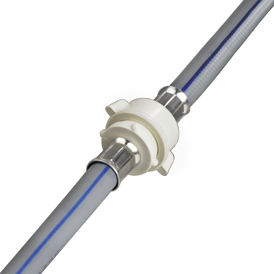 Two gray tubes with a white plastic connector. Blue lines on the tubes. Metallic connections.