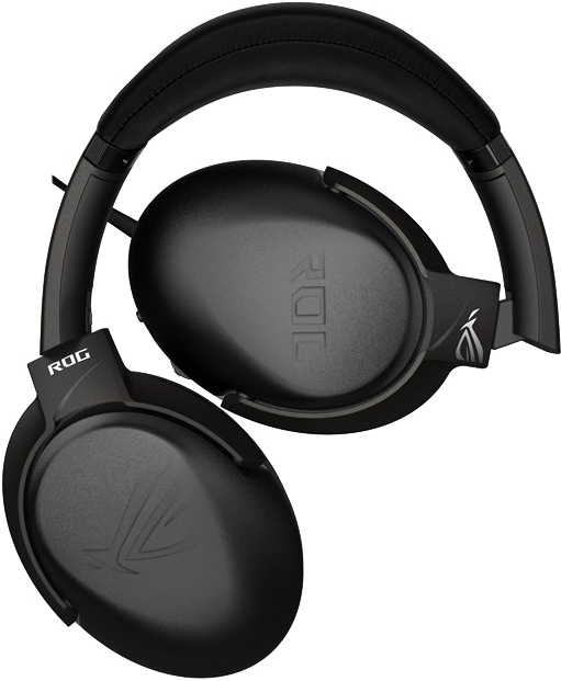 Fekete ROG gamer fejhallgató. A fejhallgató over-ear, és a ROG logóval van ellátva.