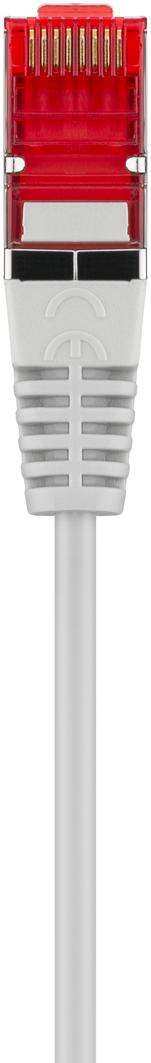 Ein weißes Ethernet-Kabel mit rotem Stecker. Der Stecker hat eine Kunststoffabdeckung.