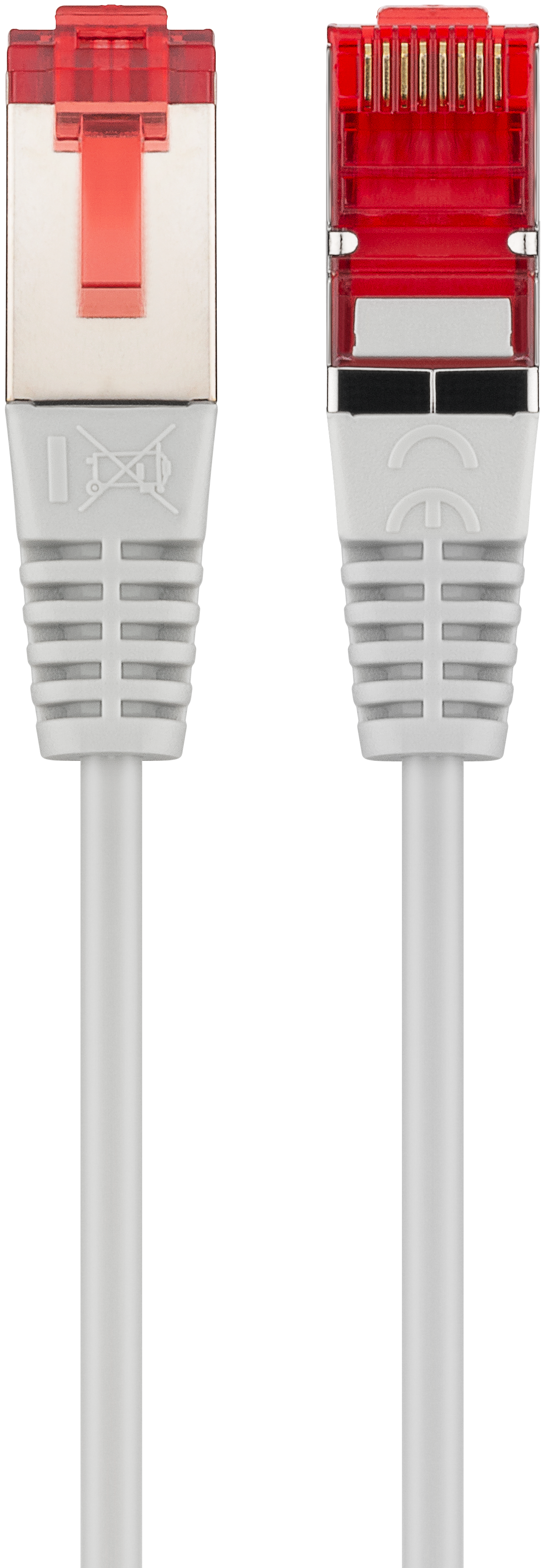 Zwei weiße Ethernet-Kabel mit roten Steckern, vor schwarzem Hintergrund.