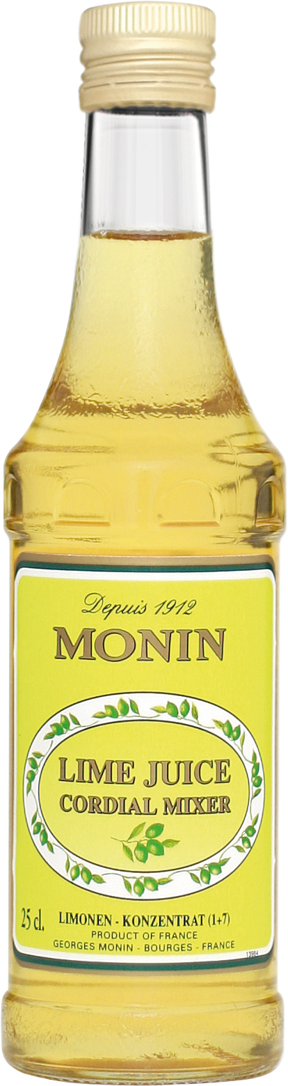 Eine Monin Limettensaft-Cordial-Mixer-Flasche mit gelbem Etikett und grün-weißem Design.