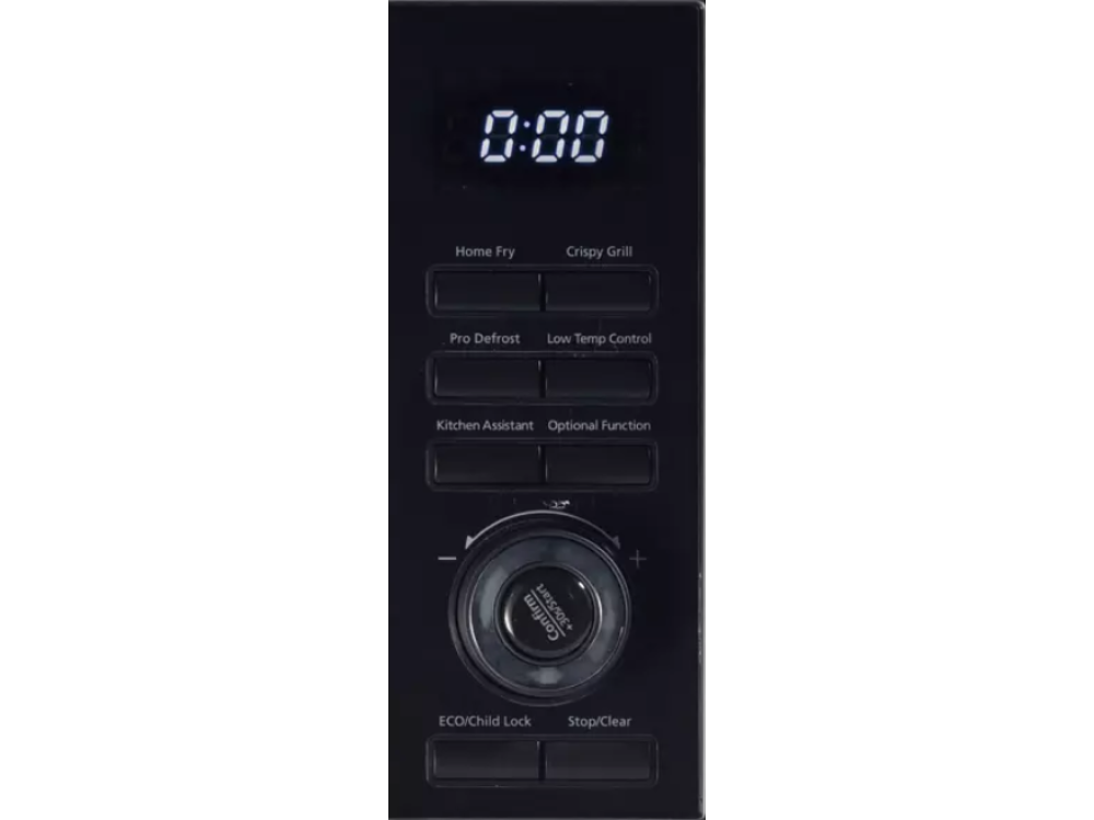 Un panel de control de un horno microondas con botones y una pantalla digital que muestra 0:00.