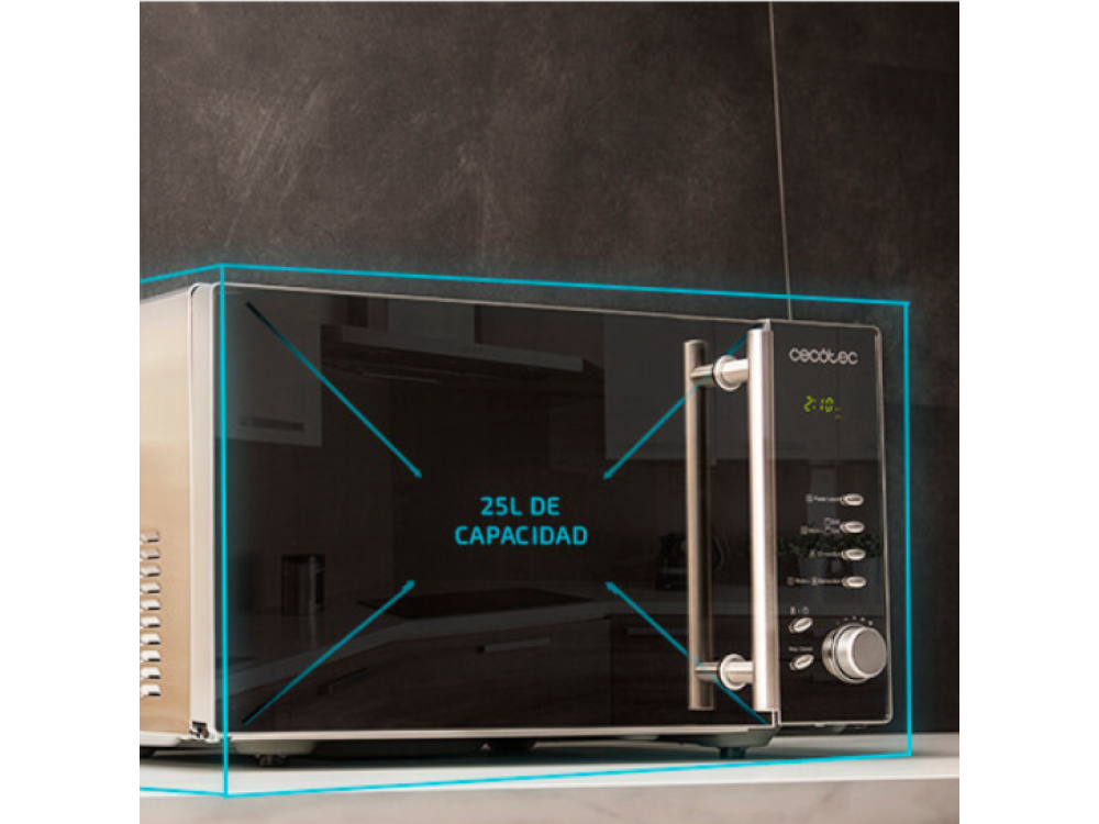 Un horno microondas negro, con una capacidad de 25L, en un entorno de cocina.