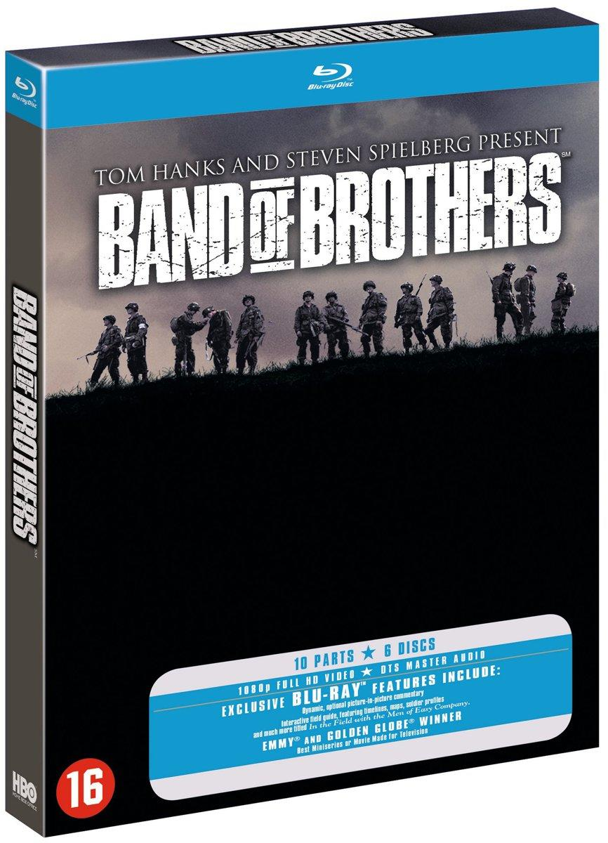 Blu-ray box set for 'Band of Brothers'. Features a group of soldiers on a hill. Black background.
