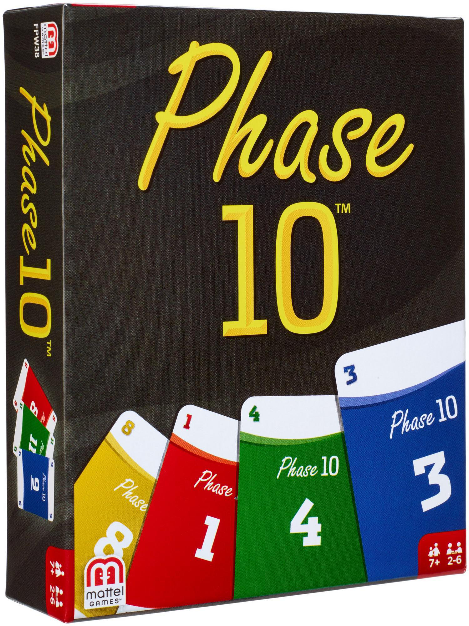 Eine Phase 10-Spielbox mit Spielkarten mit verschiedenen Zahlen und dem Spieletitel.