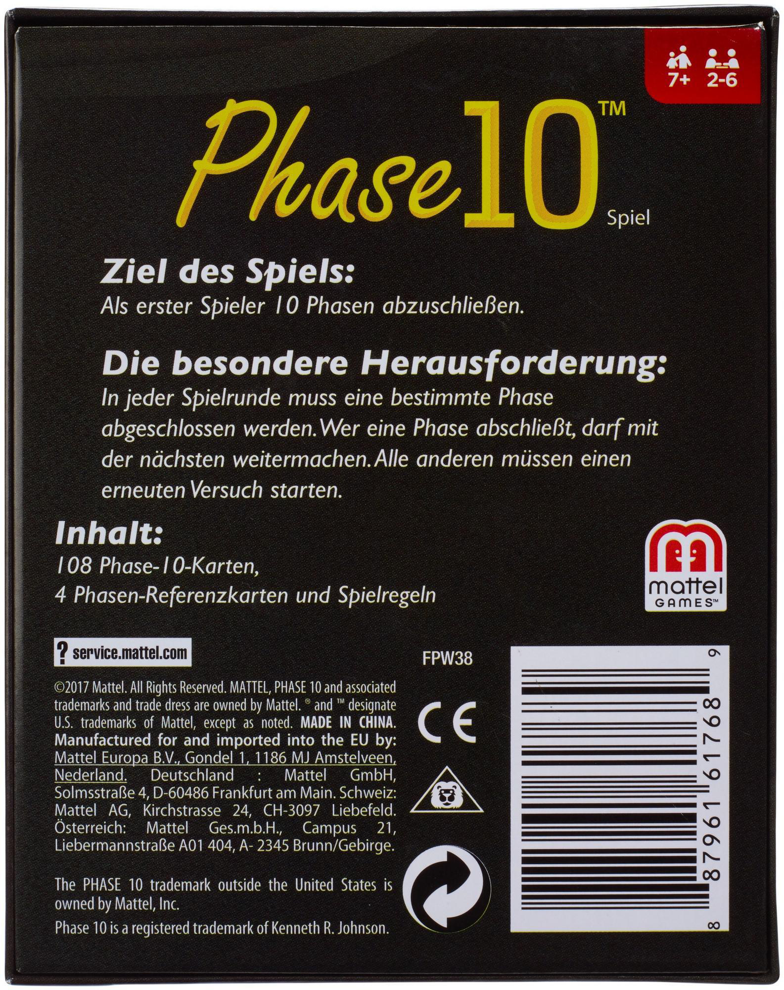 Rückseite einer Phase 10 Spielbox. Textdetails zu Spielregeln, Inhalt. Die Box hat ein Mattel Logo.