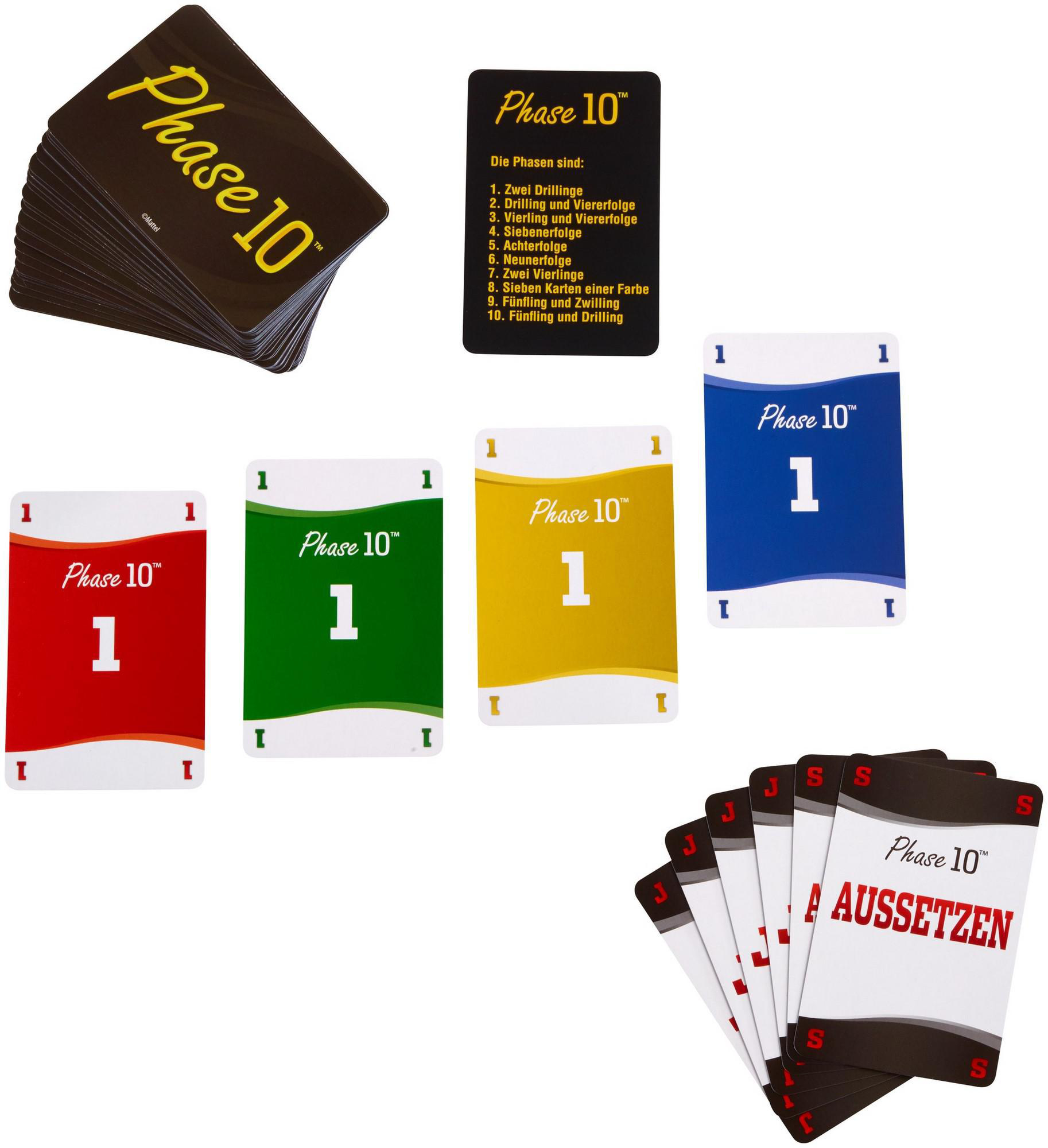Phase 10 Kartenspielkarten. Viele Karten sind sichtbar. Einige Karten liegen offen.