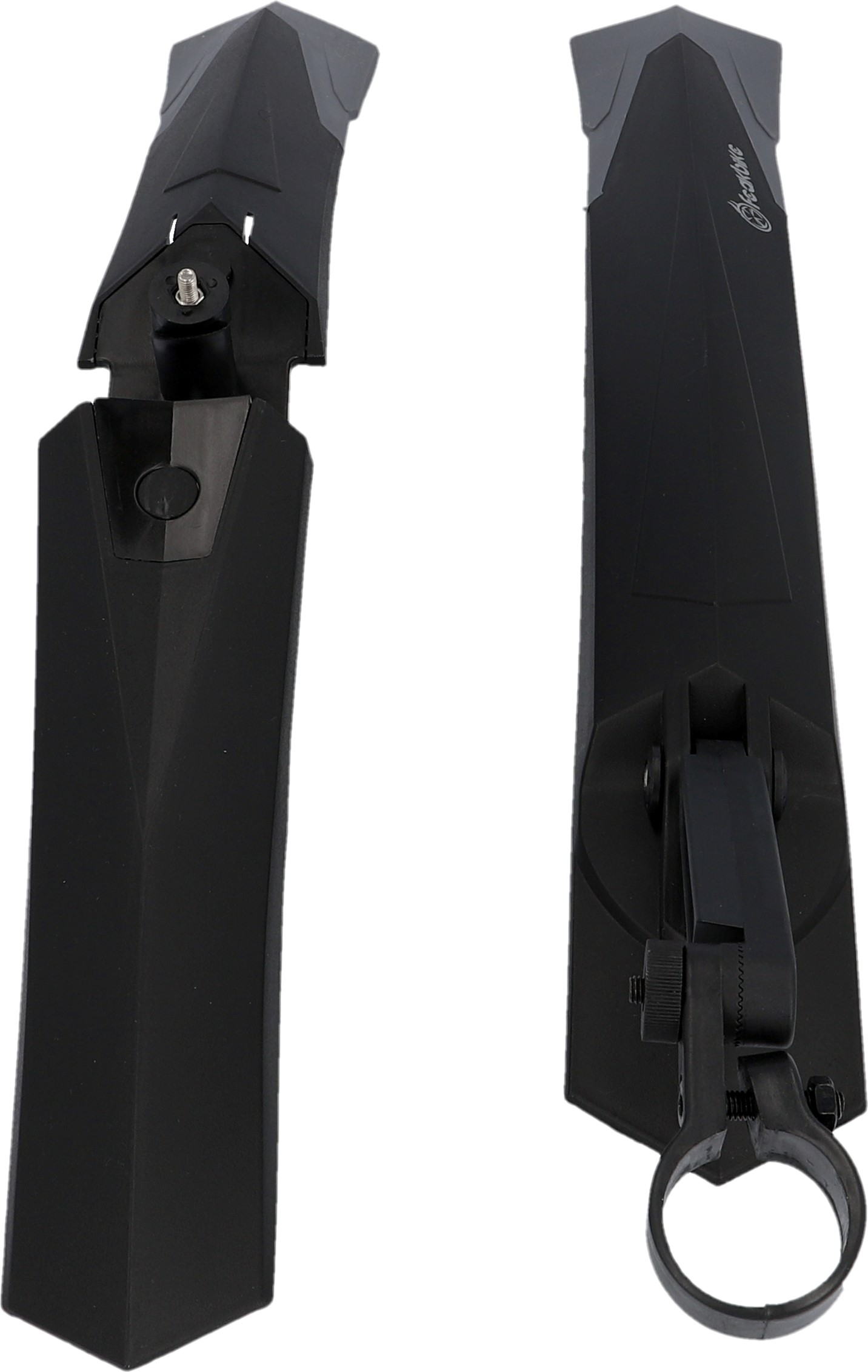 Zwei schwarze Fahrradschutzbleche mit Befestigungsmaterial, freigestellt.
