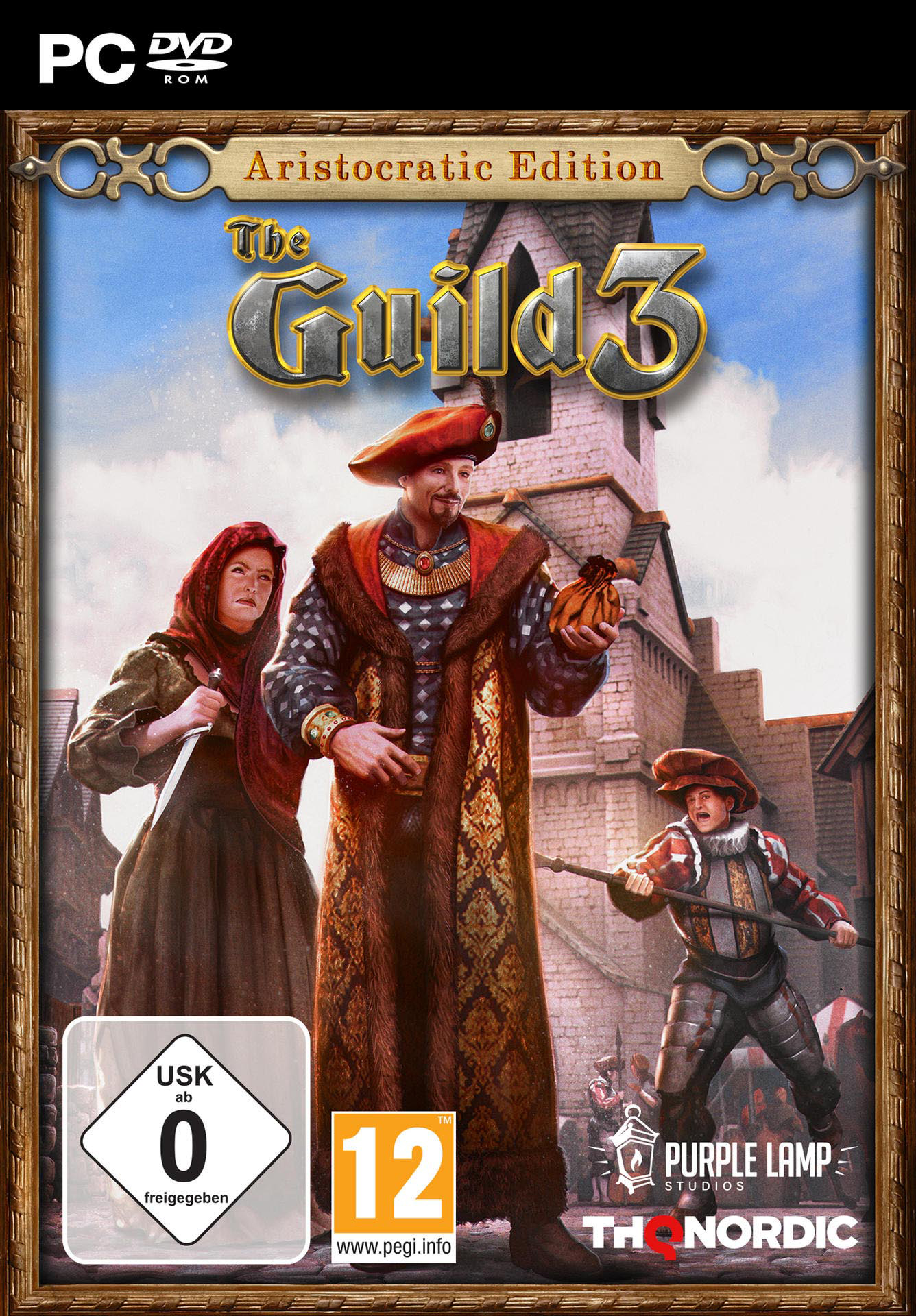 Spielcover: Drei Personen in mittelalterlicher Kleidung. Titel "The Guild 3". Bewertungssymbole. Hintergrund einer Stadt mit Gebäuden.