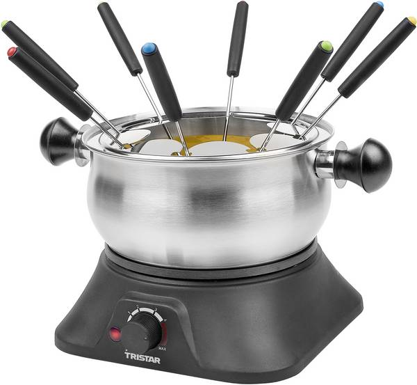 Ein Edelstahl-Fondue-Topf mit schwarzen Griffen und Gabeln. Er steht auf einem schwarzen elektrischen Sockel mit Temperaturregler.