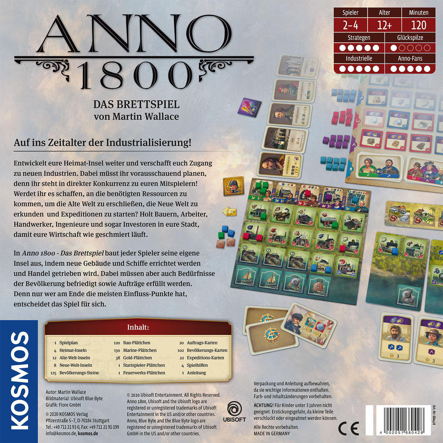 Brettspielbox mit sichtbaren Spielkomponenten. Text und Bilder auf der Boxabdeckung.
