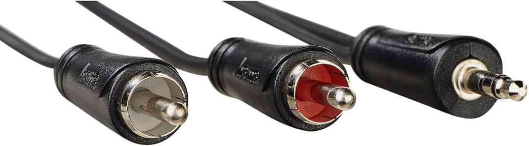 Tre cavi audio collegati, neri con connettori argento e rossi, su sfondo bianco.