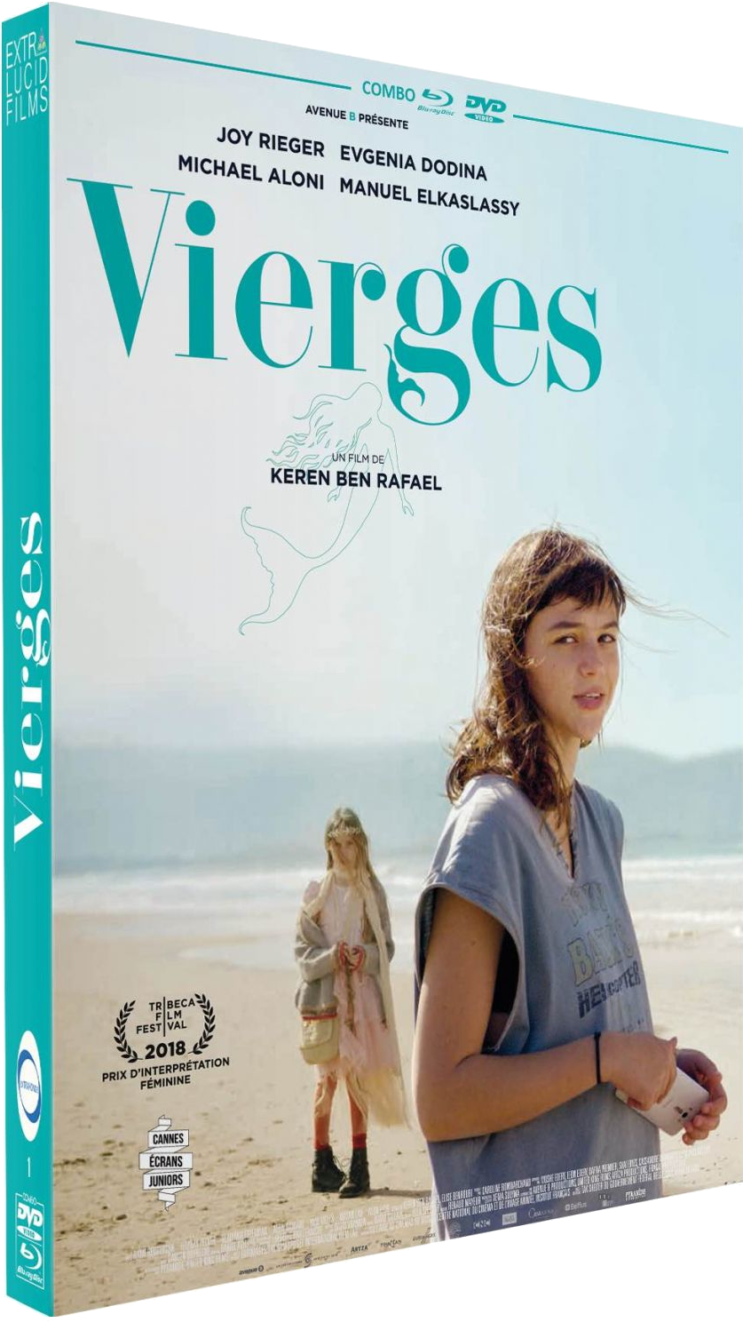 Boîtier DVD du film Vierges. Une femme sur une plage; une sirène sur la couverture.