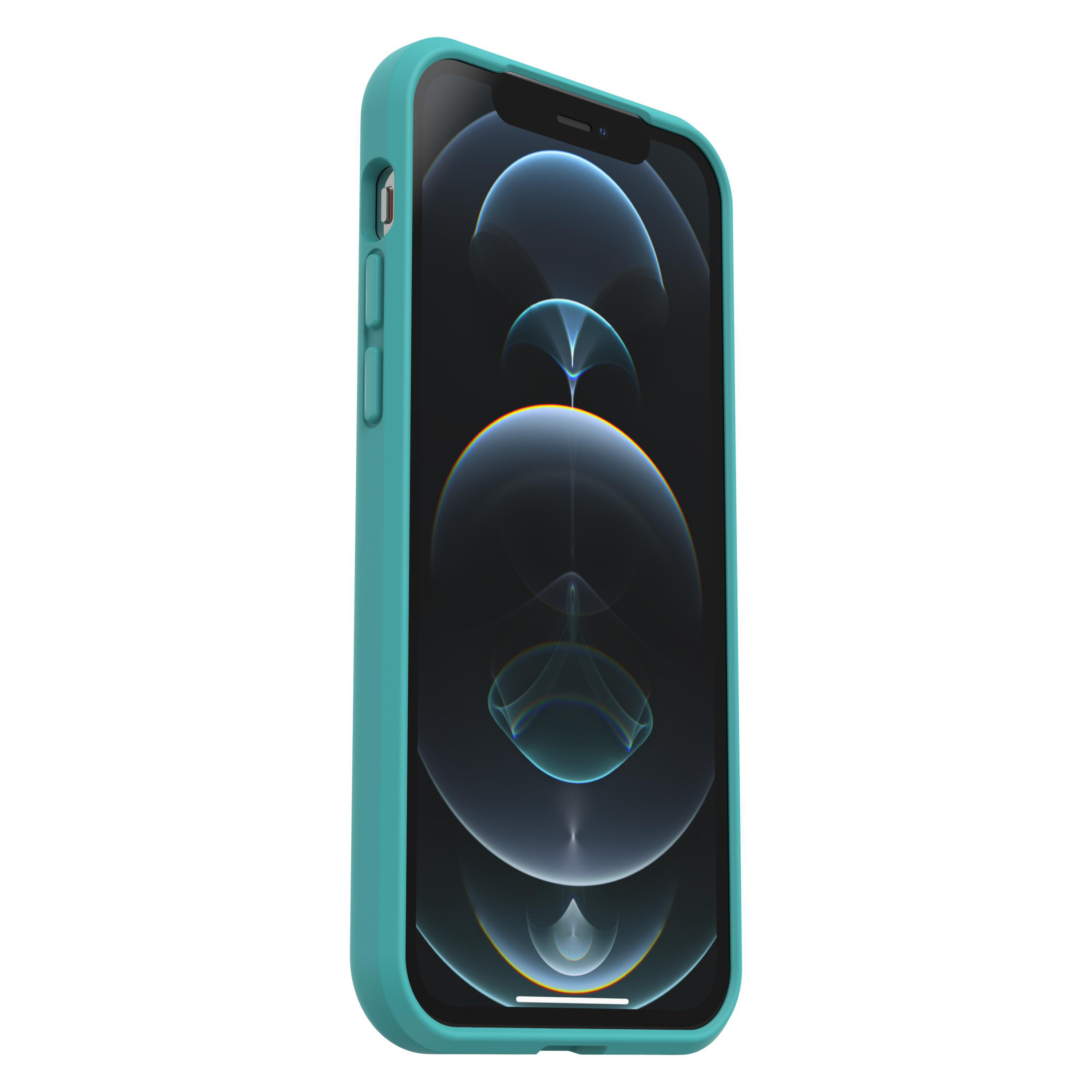 Ein Smartphone mit tealfarbenem Gehäuse, Bildschirm zeigt eine blau-weiße Grafik.