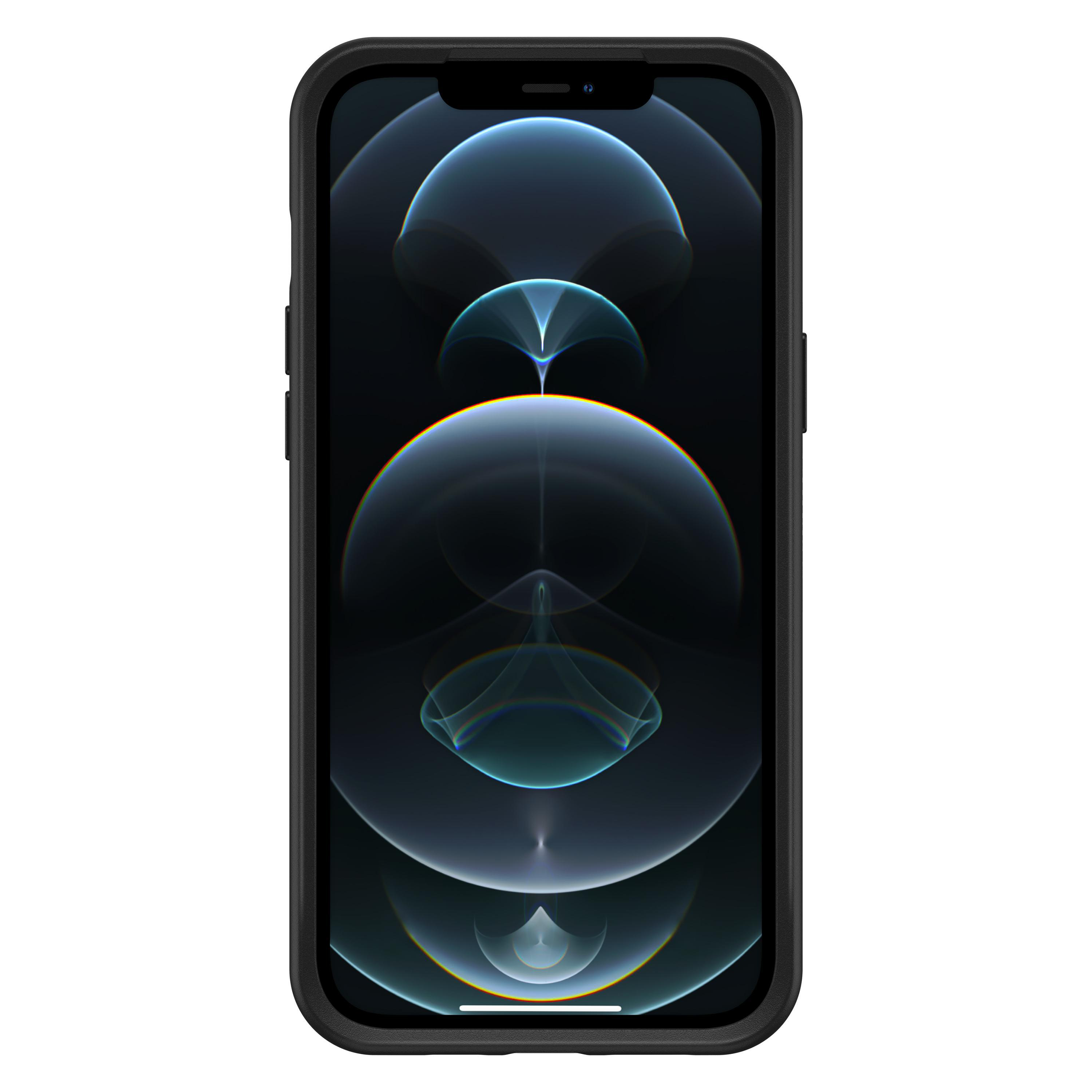 Ein Smartphone mit schwarzem Gehäuse, das einen dunklen, abstrakten Hintergrund mit blau-weißen Mustern anzeigt.
