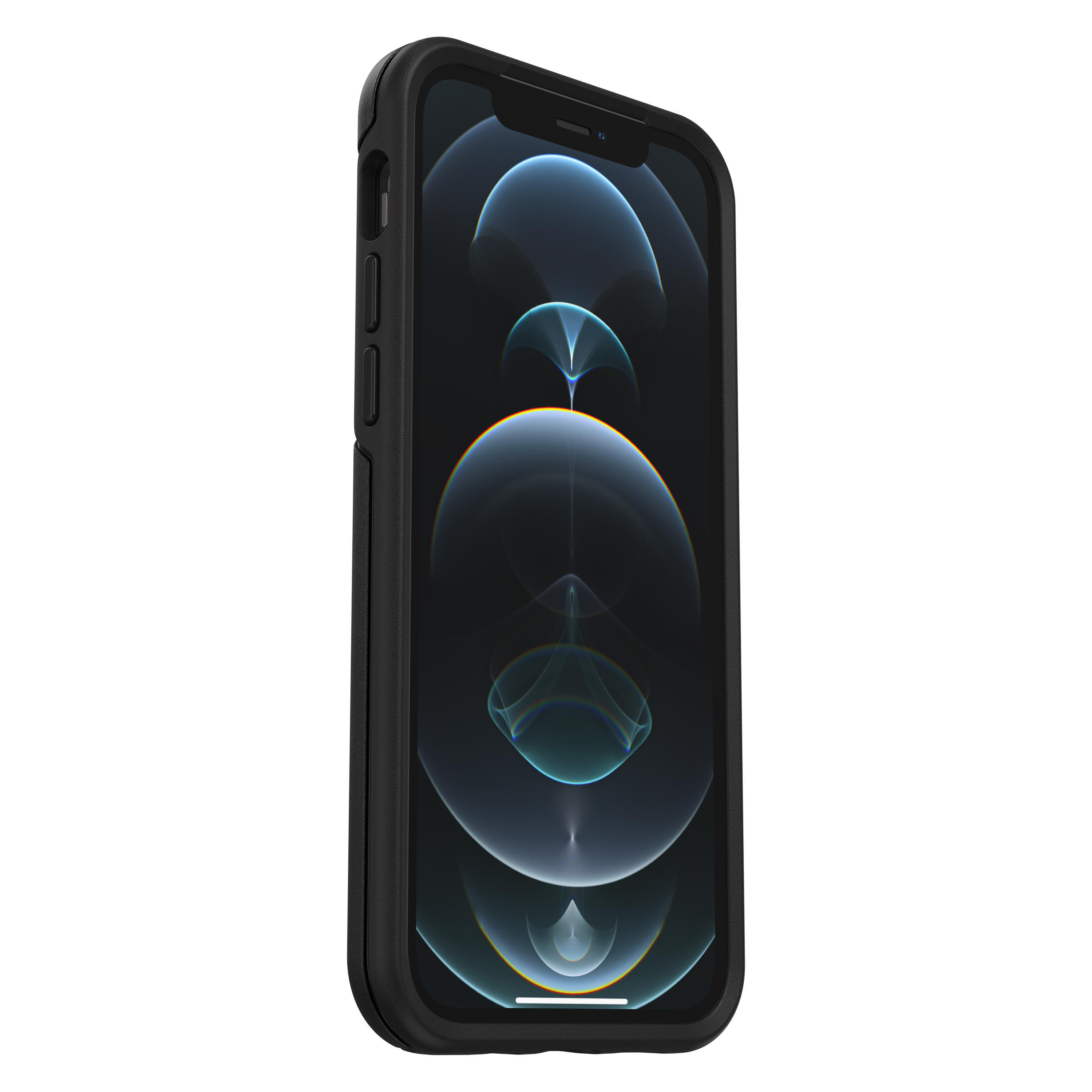 Schwarze Handyhülle mit Telefon im Inneren, das den Bildschirm zeigt. Die Hülle hat ein Schutzdesign, weißer Hintergrund.