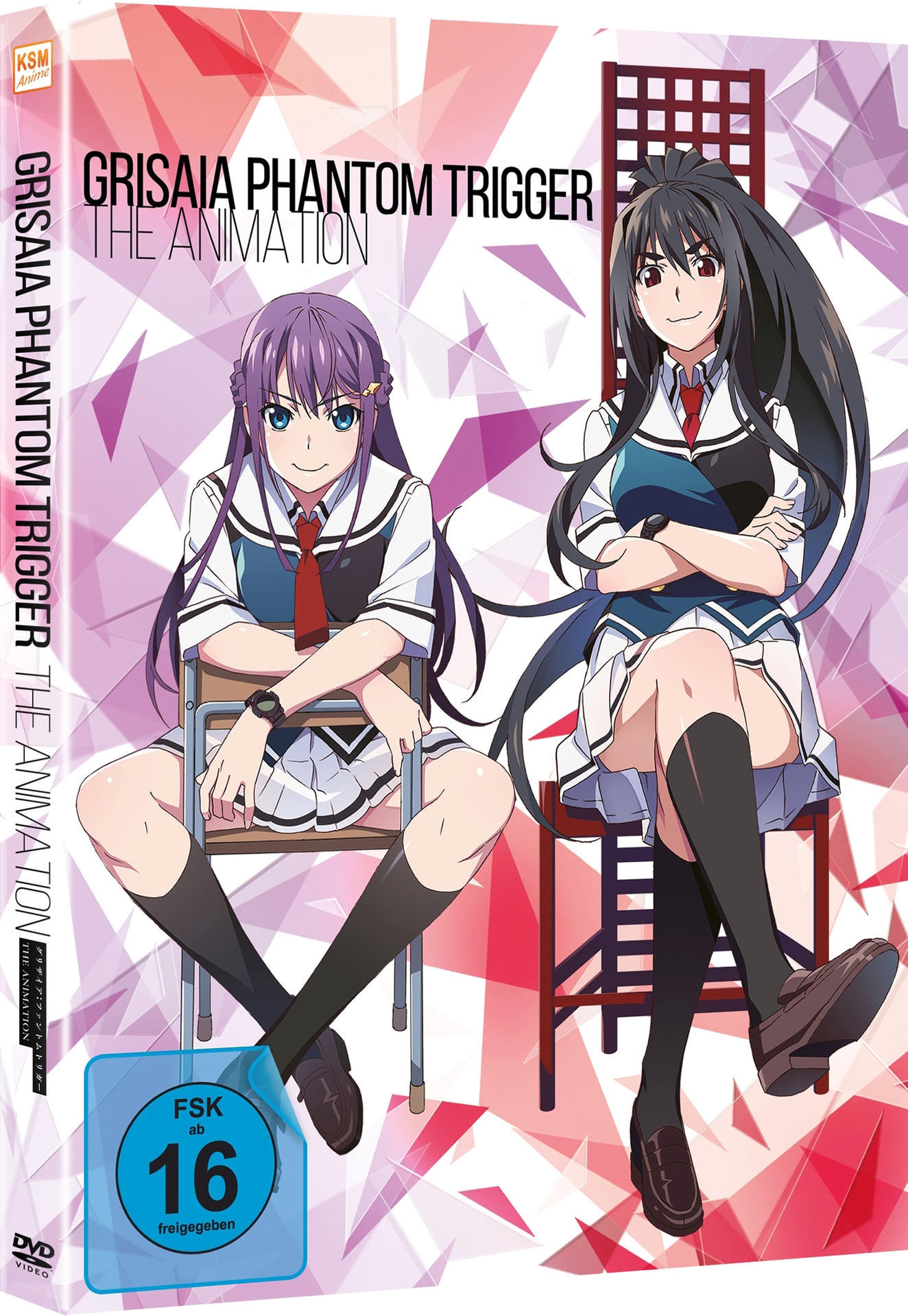 DVD-Cover: Zwei Anime-Mädchen auf Stühlen, eines mit lila Haaren, das andere mit schwarzen Haaren.