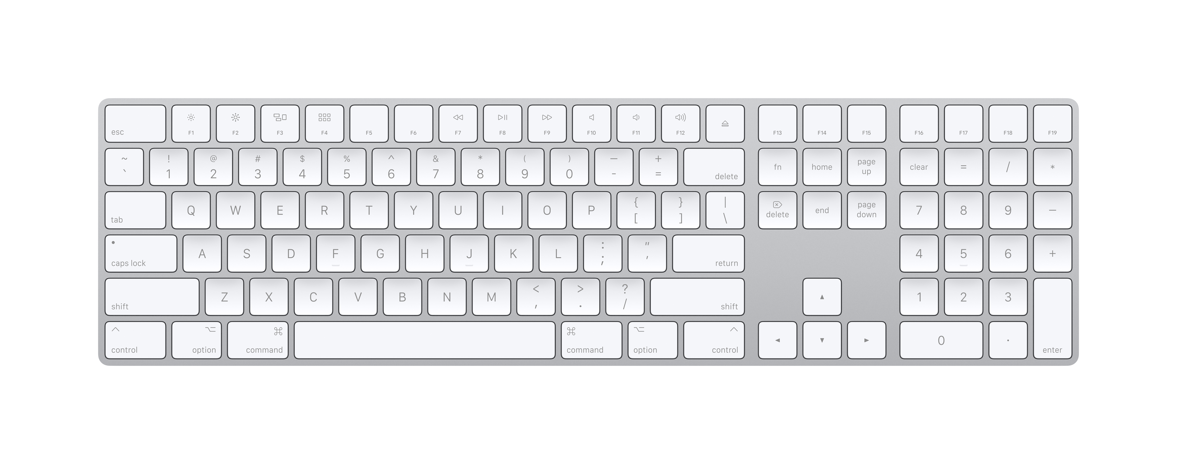 Teclado plateado de Apple con teclas blancas, vista superior.