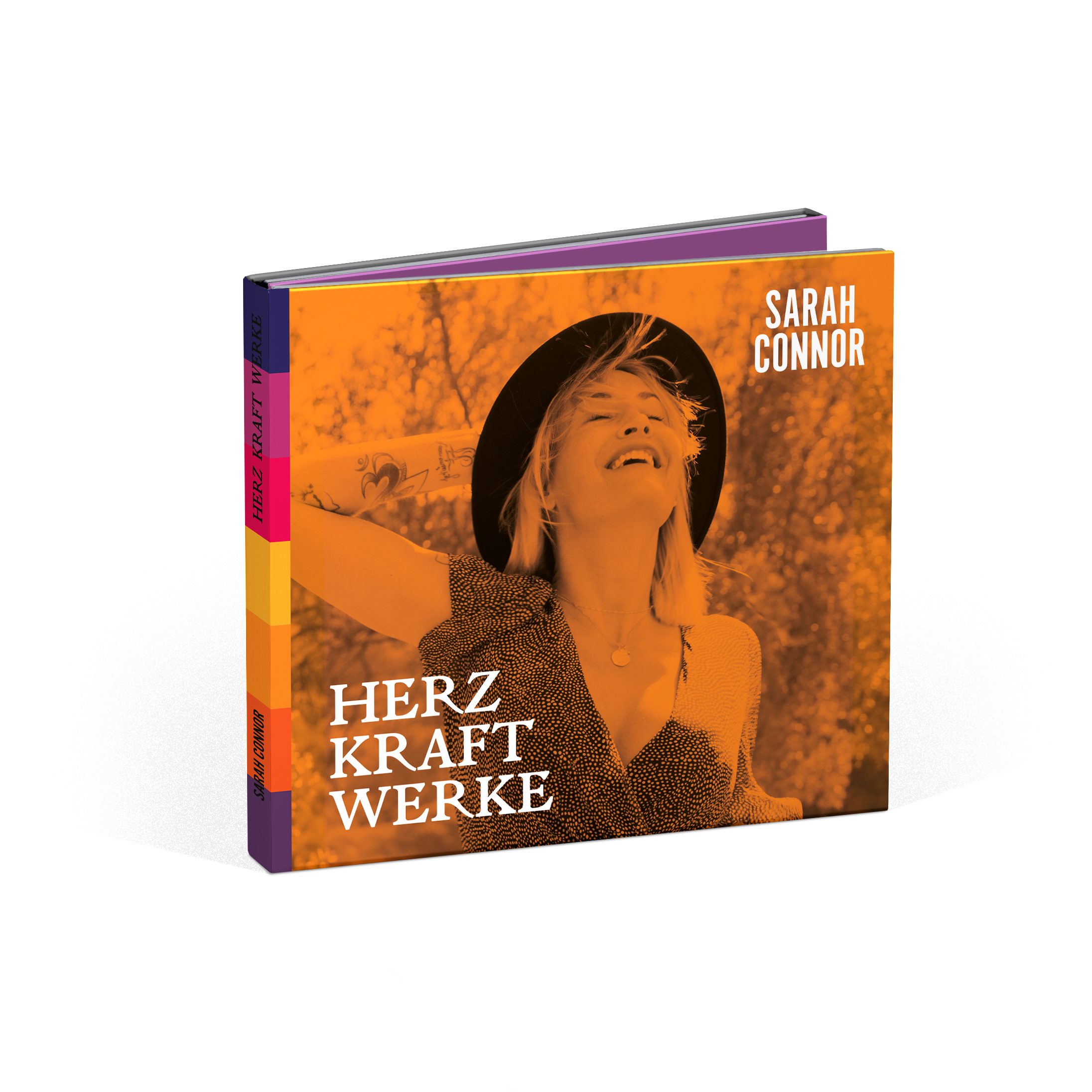 Buchcover mit Frauenfoto, orange, gelb und lila Farben.