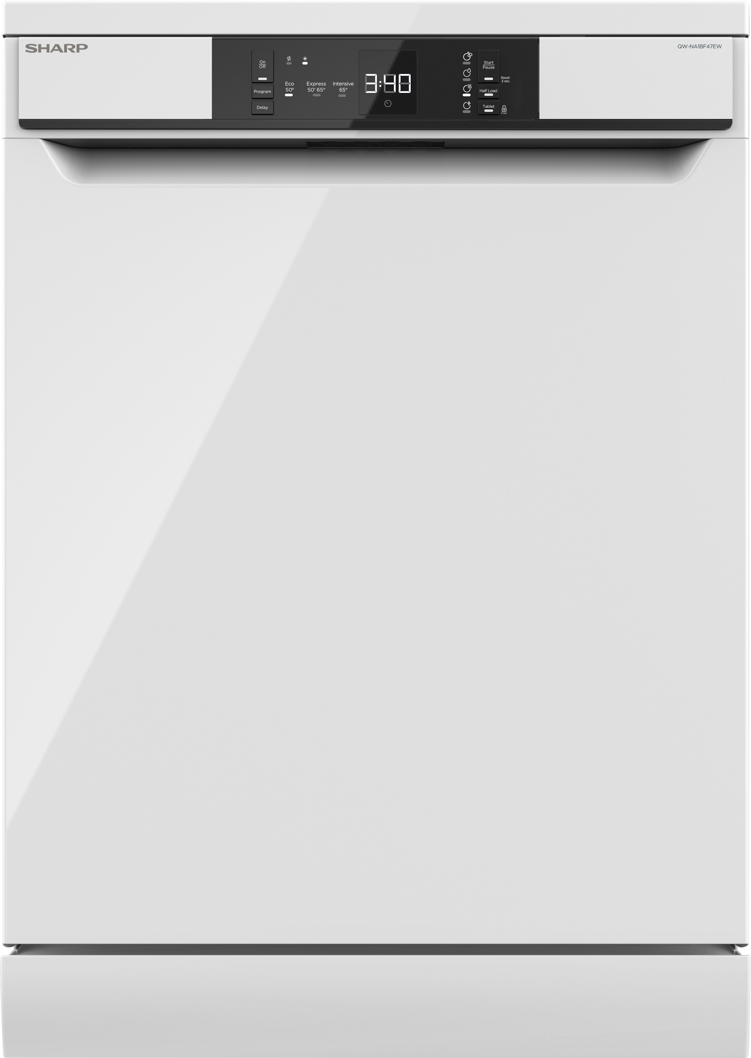 White dishwasher with digital display showing time.