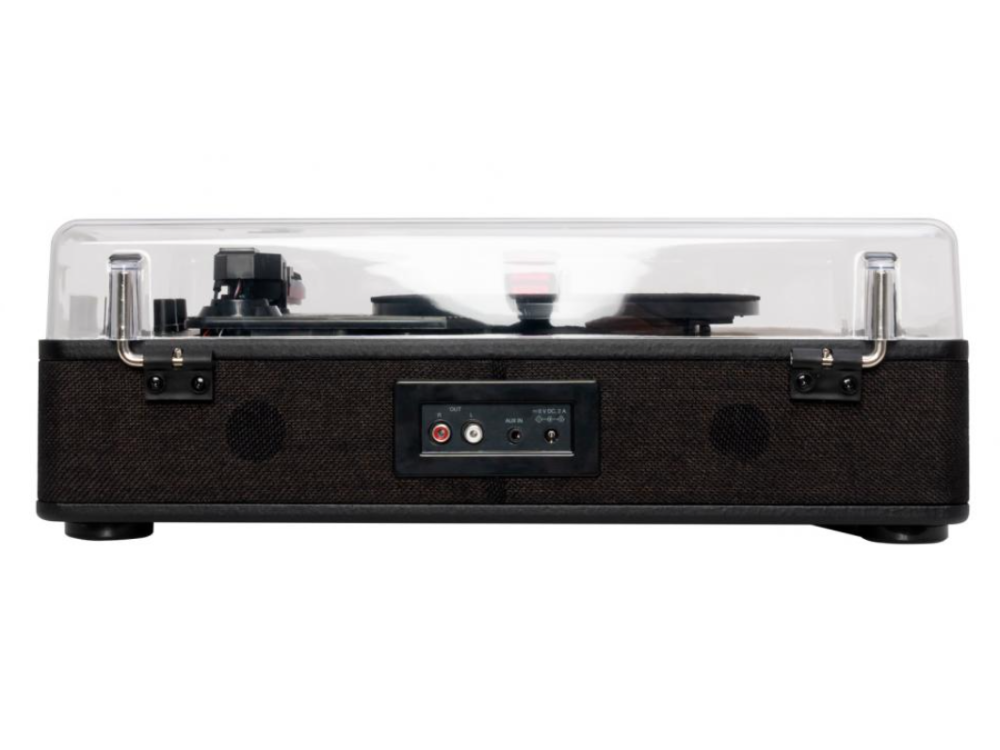 Un tocadiscos vintage. Es oscuro con una cubierta de plástico transparente. La parte trasera tiene entradas y salidas.