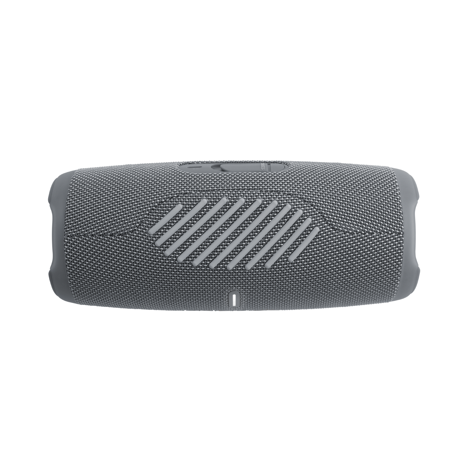 Ein grauer JBL-Lautsprecher auf schwarzem Hintergrund. Er hat eine Stoffstruktur und ein Logo.