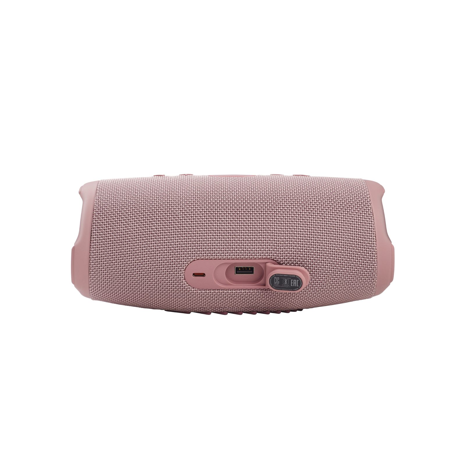Rosafarbener JBL-Lautsprecher mit Mesh-Gewebe, USB- und Ladeanschlüssen und Knöpfen.