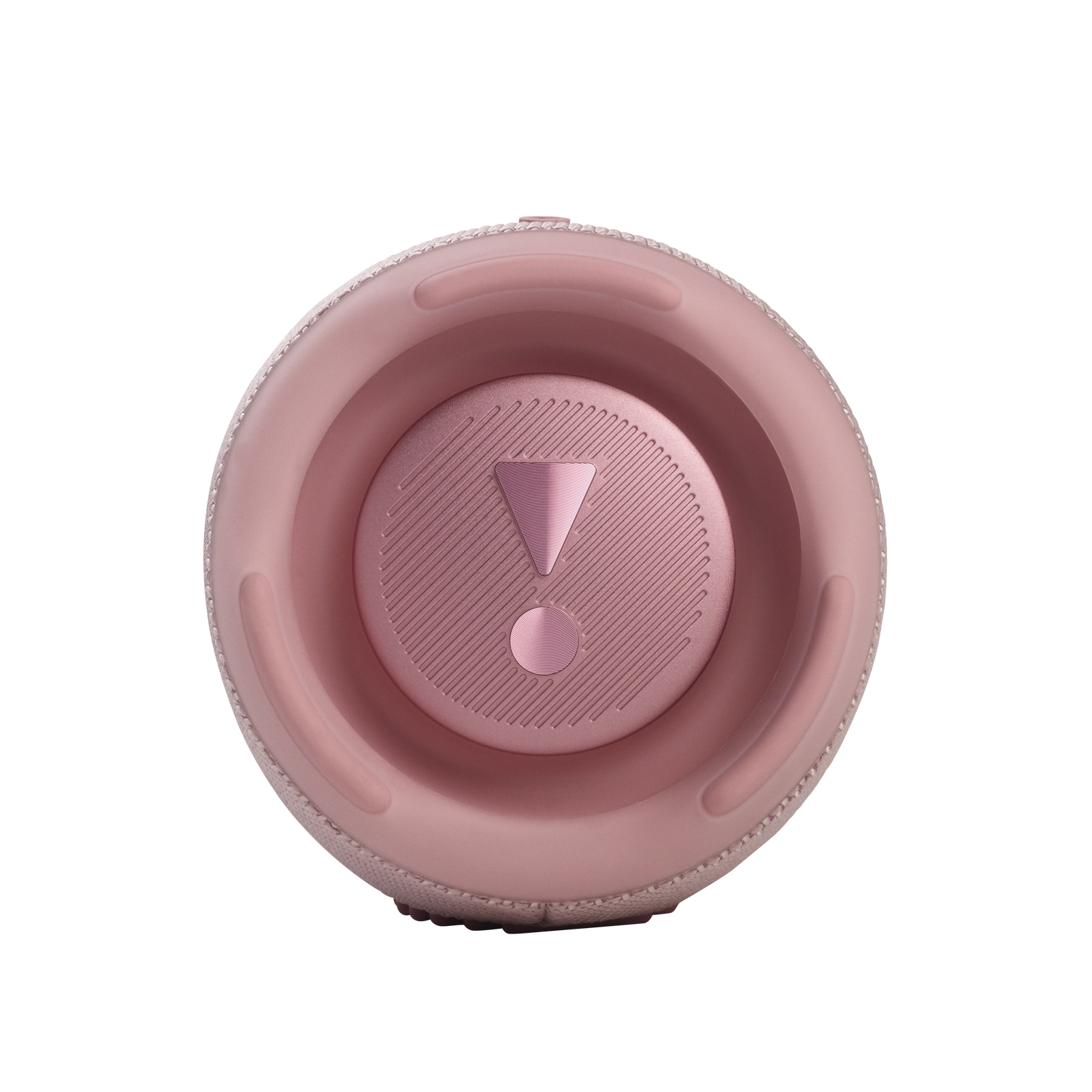 Ein pinkfarbener Lautsprecher mit einem Design in der Mitte. Der Lautsprecher hat einen pinkfarbenen Ring drumherum.