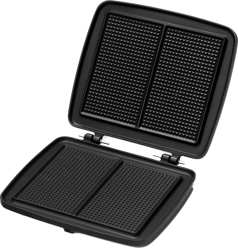 Un gaufrier noir, ouvert, montrant les surfaces de cuisson à motifs. Le fond est de couleur noire unie.