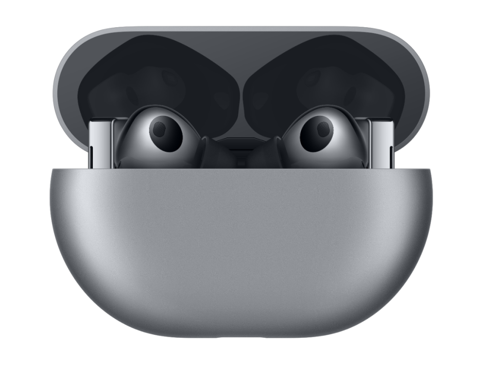 Un estuche de auriculares gris abierto, que revela auriculares negros en su interior.